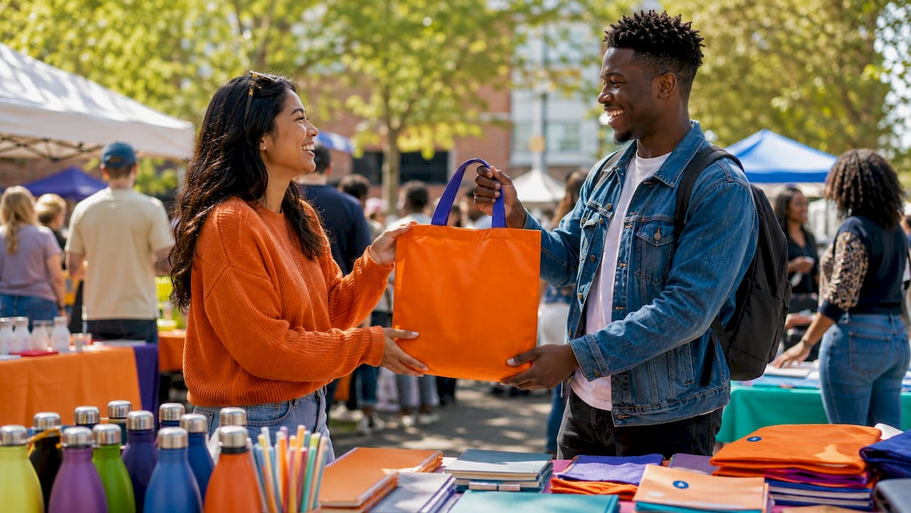 Hands exchanging branded giveaway at trade show