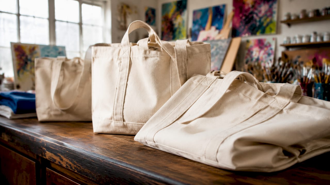 Close-up of natural canvas tote bags on wooden table