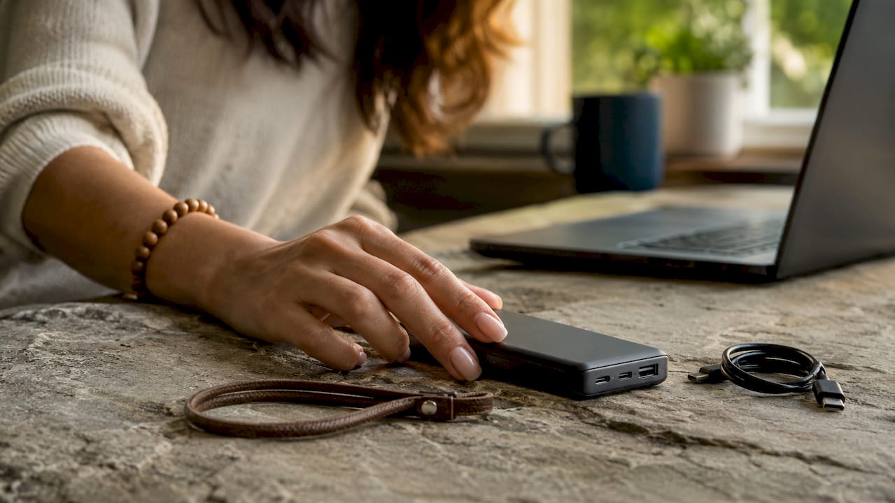 Close-up of hand handling branded power bank