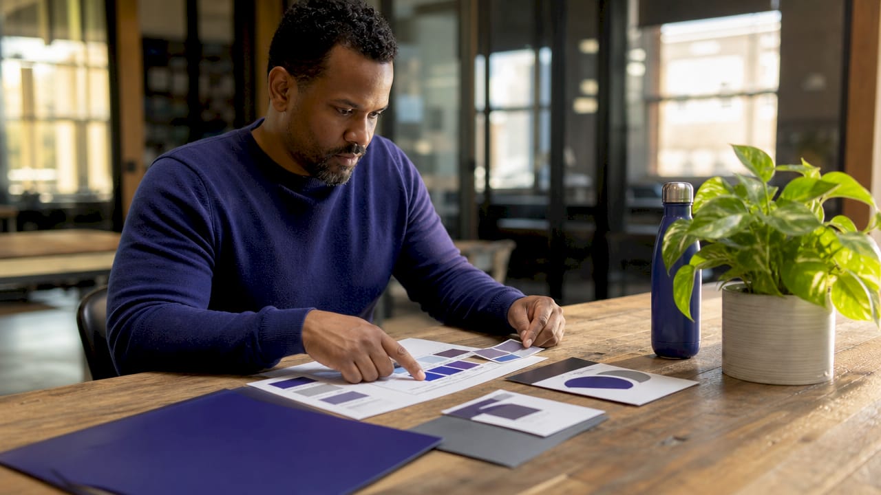 Hands organizing brand assets on office desk