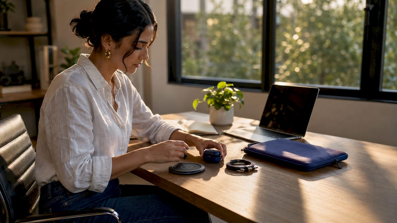 Hands with wireless tech accessories on desk