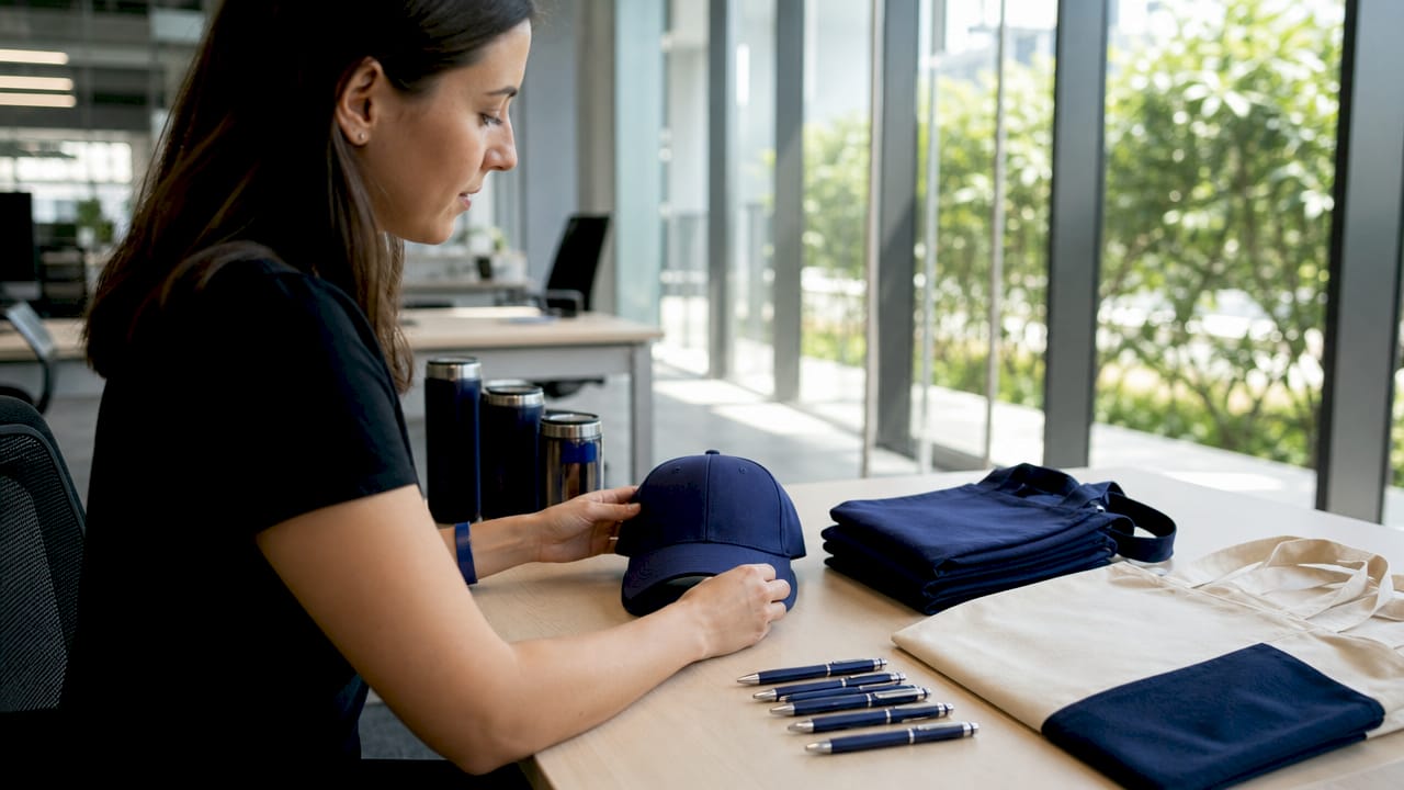 Hands arranging branded promotional products overhead