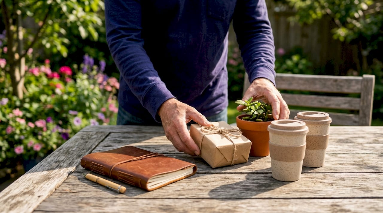 Hands arranging artisanal branded swag gifts