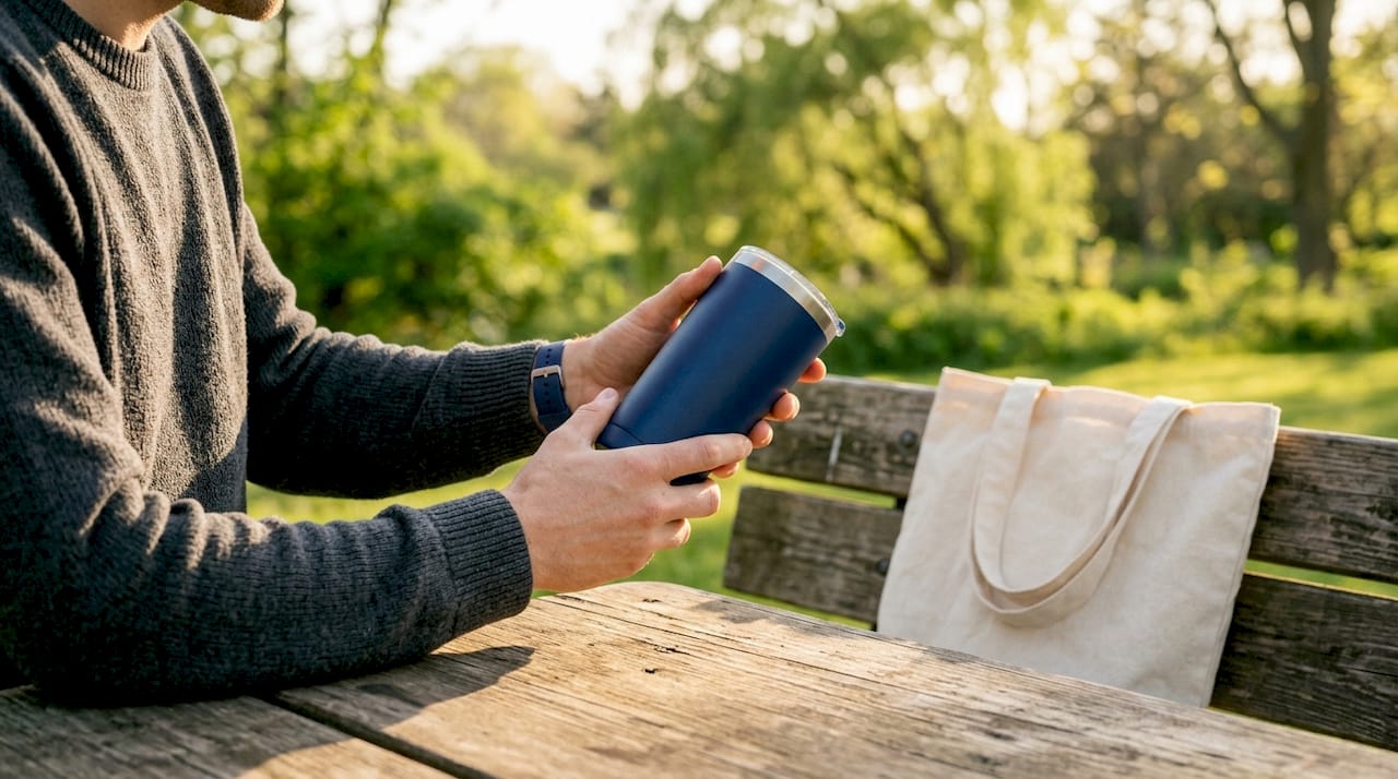 Hands inspecting navy blue promotional tumbler for quality