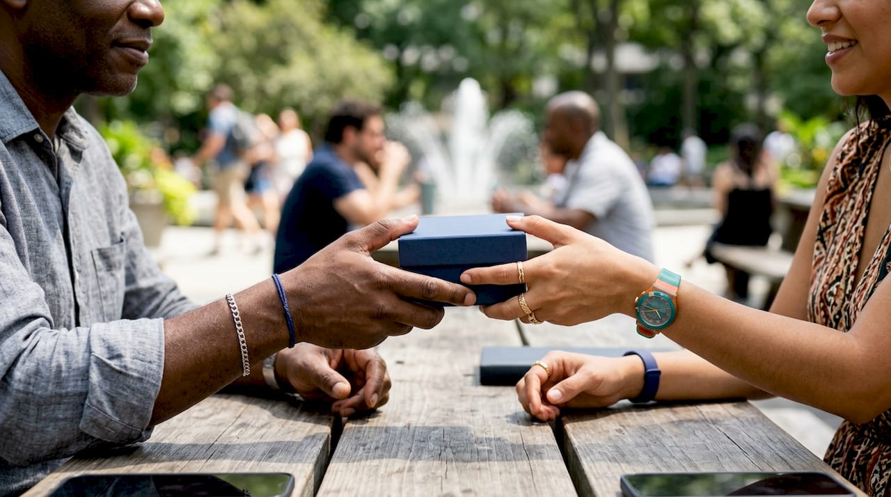 Hands exchanging small branded promotional gift