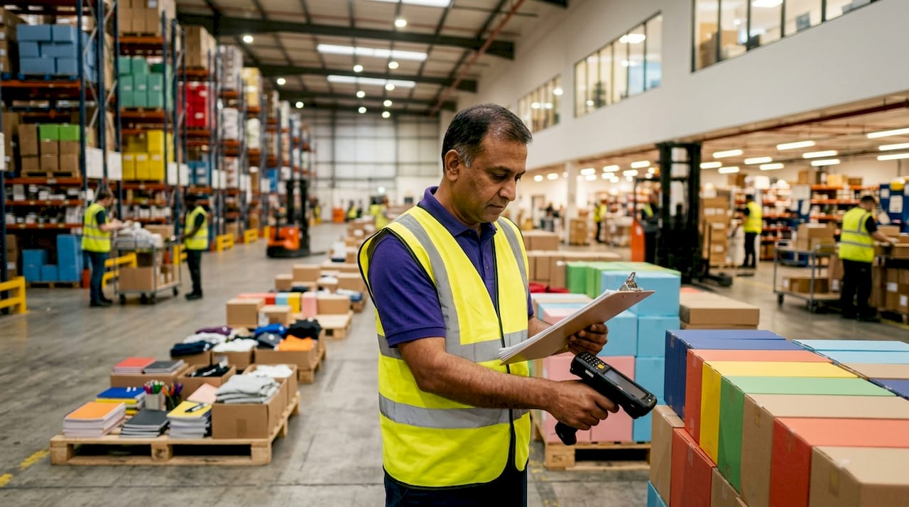 Warehouse worker scanning swag inventory