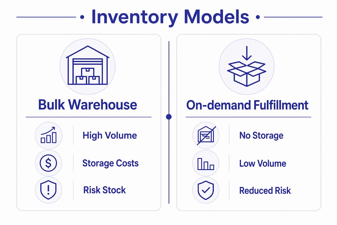 Infographic comparing bulk warehouse vs on-demand swag inventory