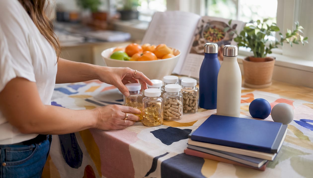 Overhead view of branded wellness product categories