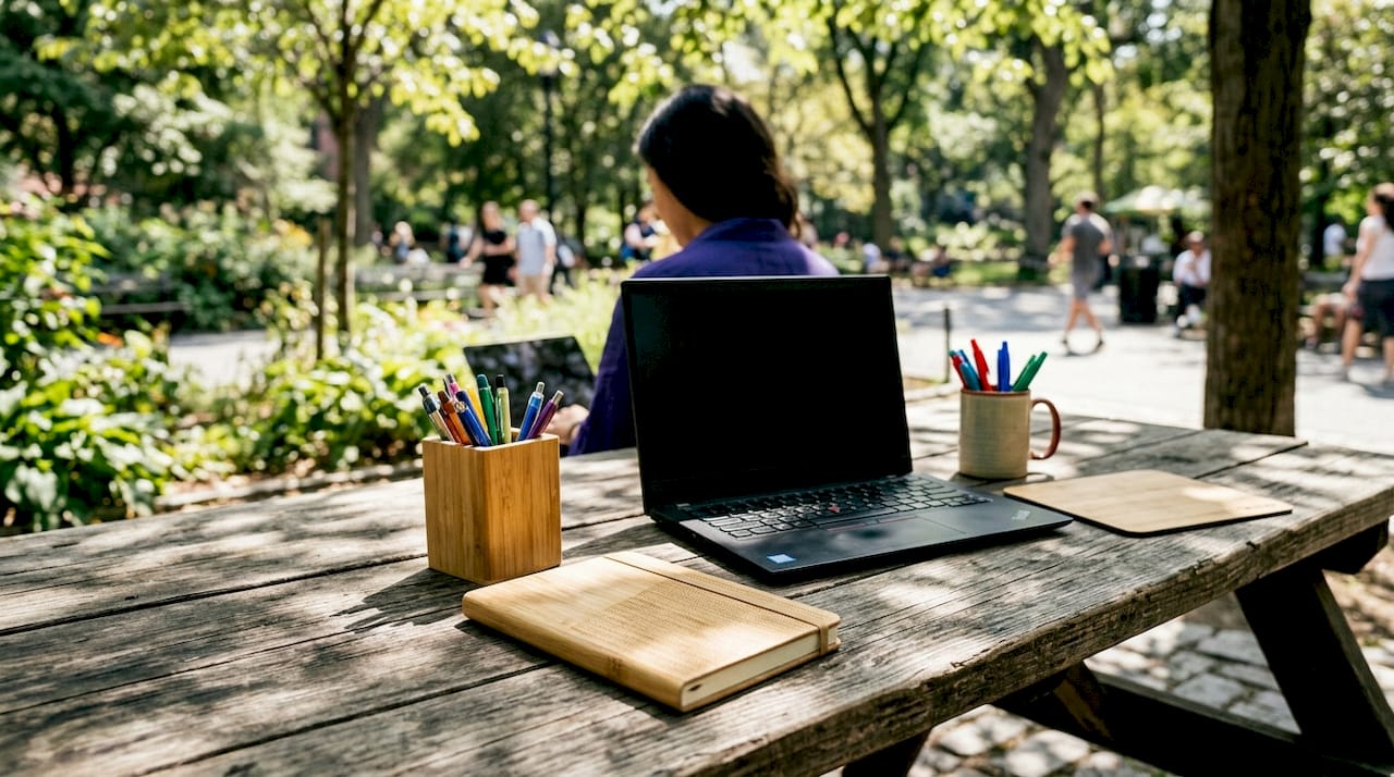 Bamboo branded desk accessories in office