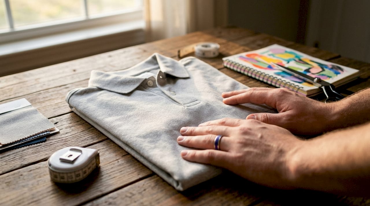 Close-up of hands inspecting cotton polo fabric
