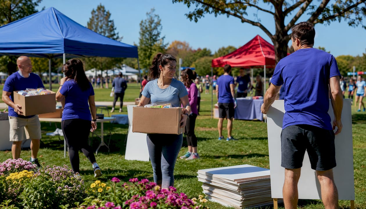 Volunteers preparing neighborhood charity event outdoors