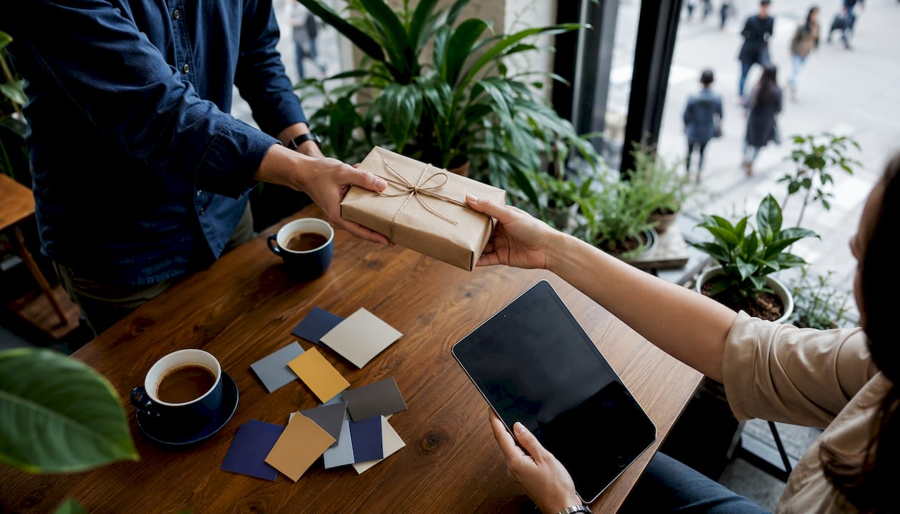Hands exchanging promotional product package and strategy