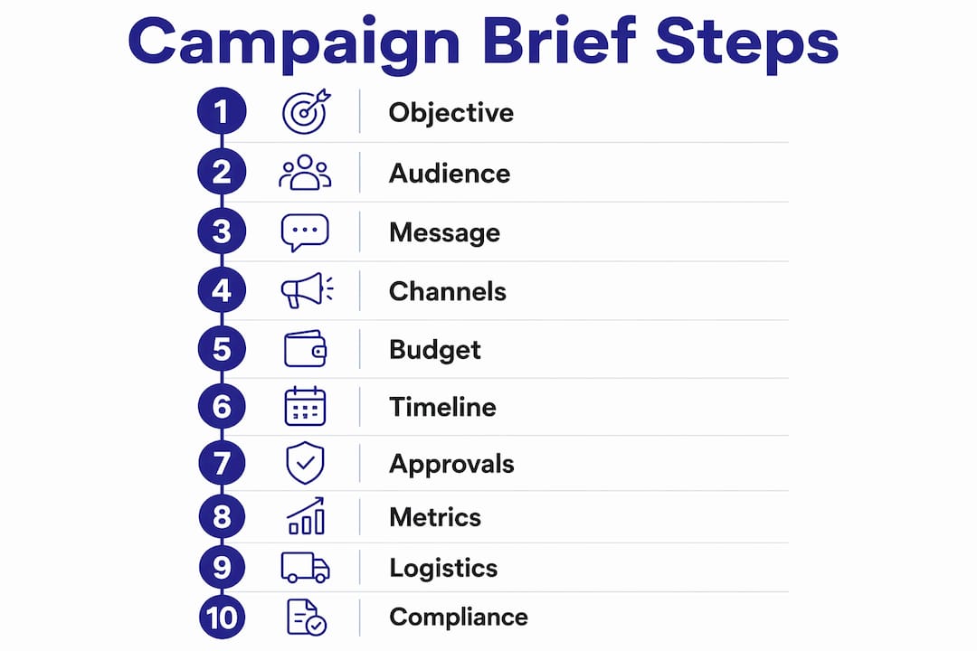 Infographic showing 10 steps of campaign brief