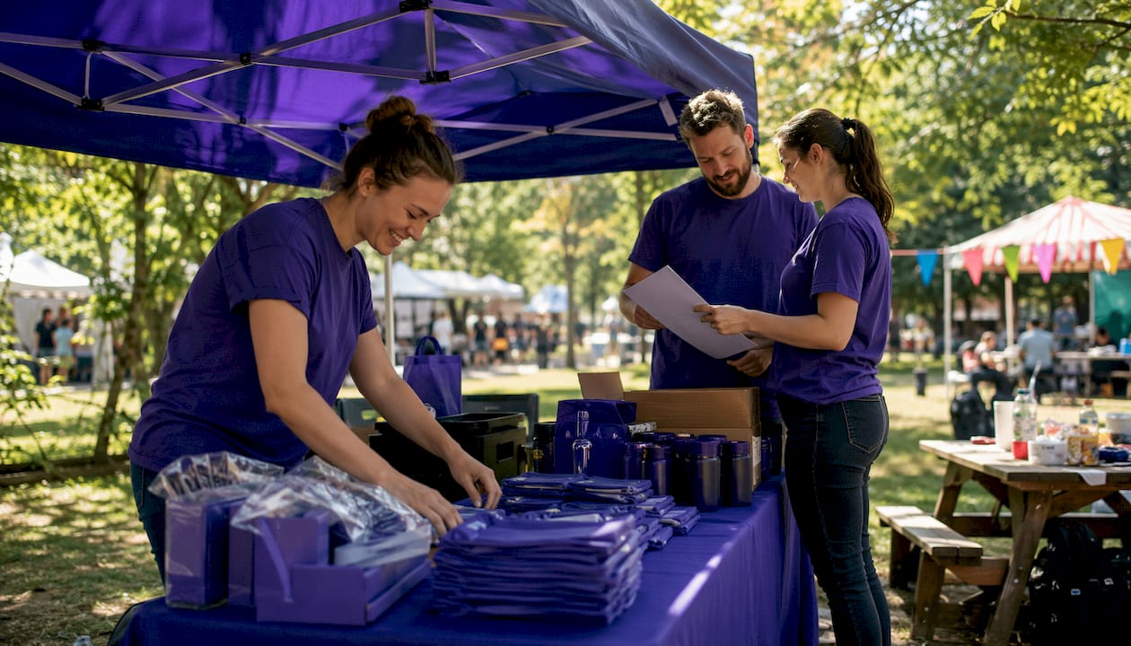 Staff preparing swag for event distribution