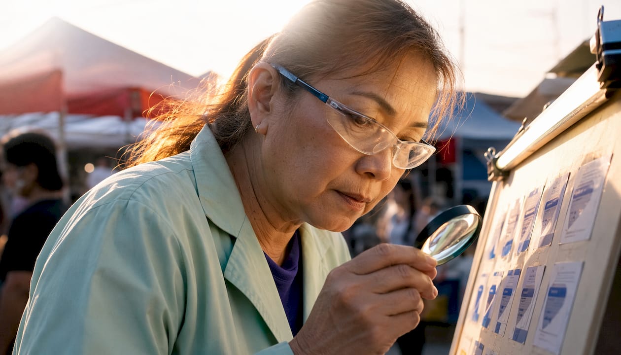 Technician inspecting printed product labels with magnifier