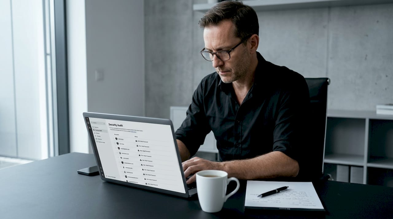 Person checking security audit in password manager