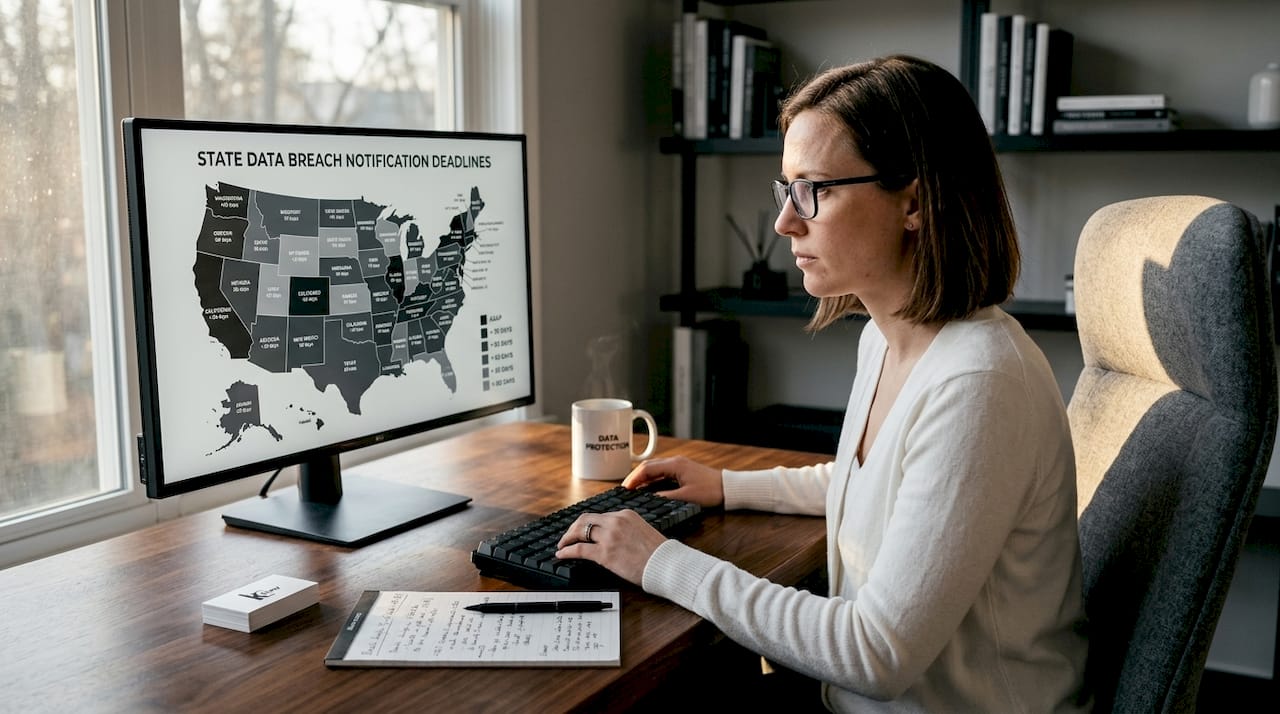 Legal analyst reviewing data breach law map