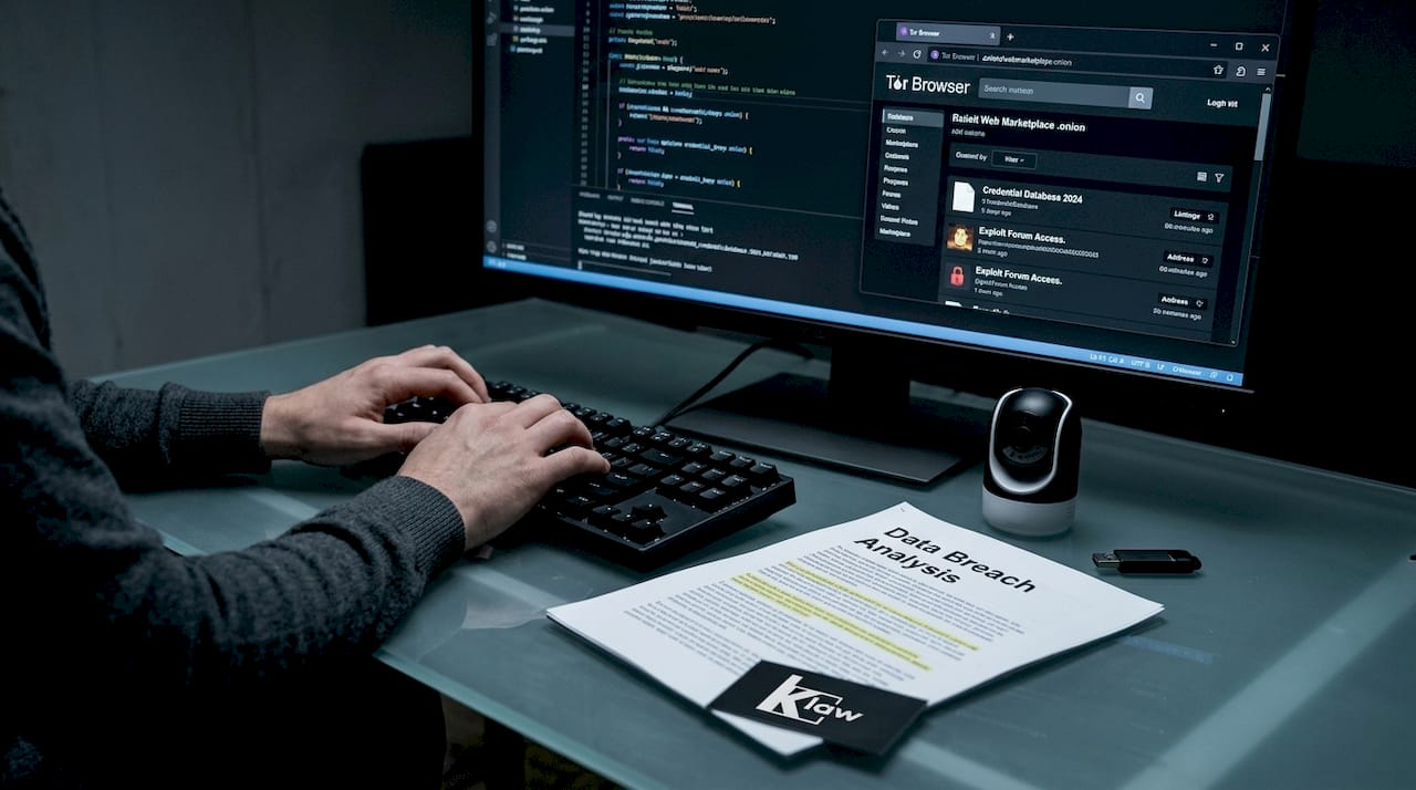 Hands typing near screen showing dark web breach data