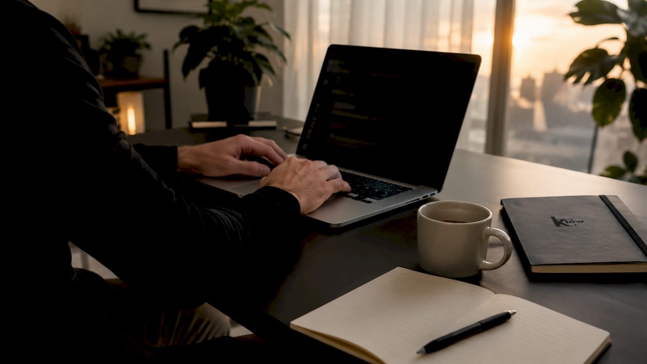 Hands typing on laptop configuring malware