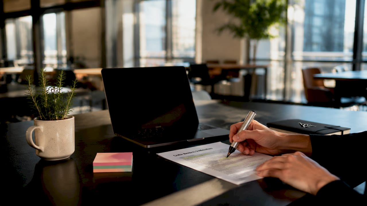 Hands highlighting data leak document on desk