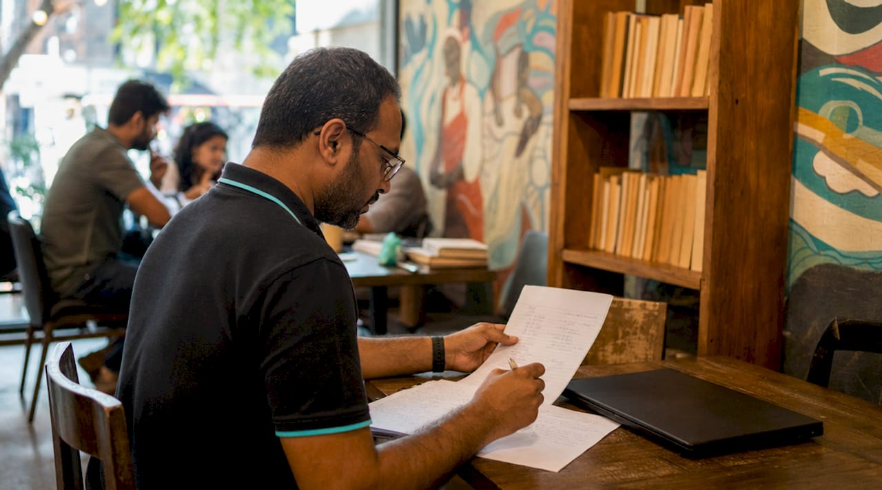 Man reviewing open mic performance notes