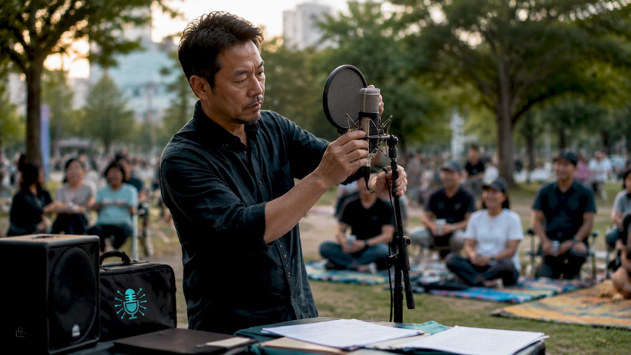 Man adjusting pop filter on stage microphone