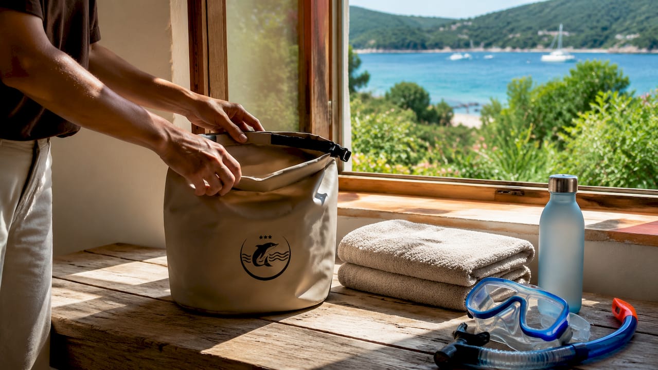 Mani che sistemano tutto il necessario in una borsa da mare impermeabile