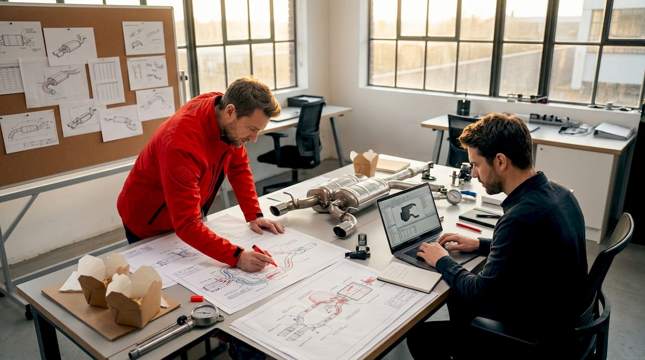 Engineers reviewing exhaust design diagrams together