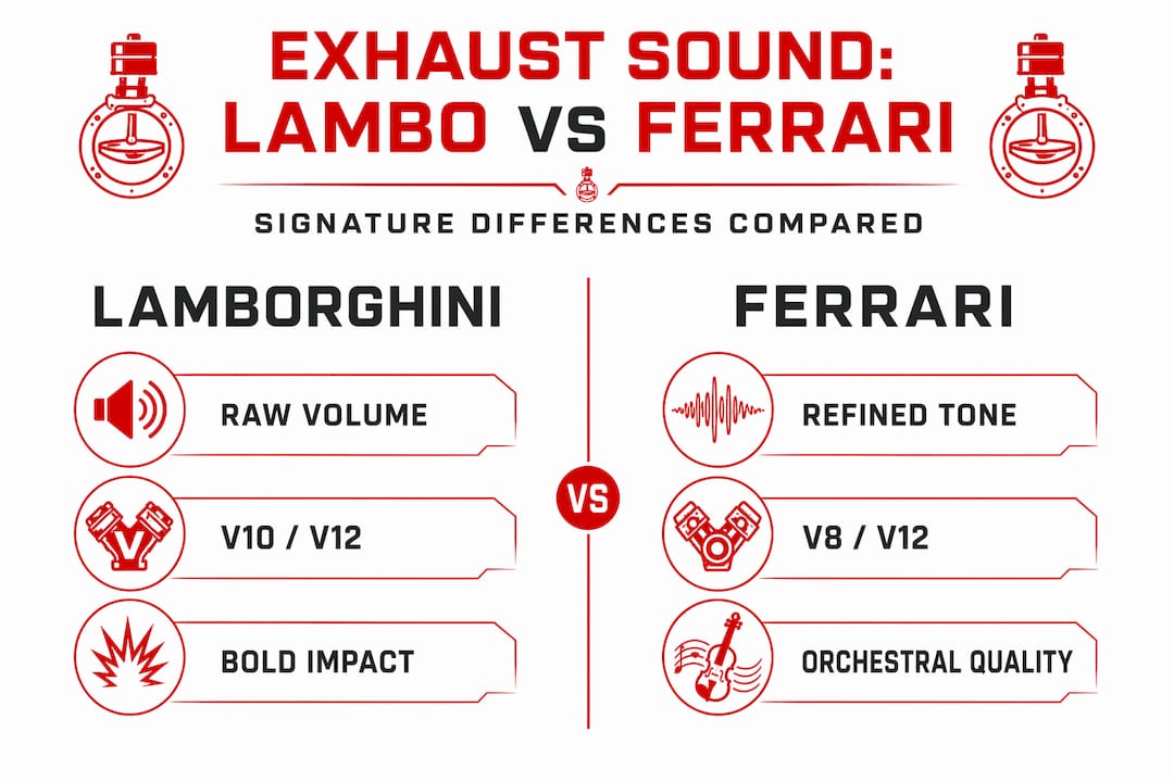Infographic Lamborghini versus Ferrari exhaust sound features