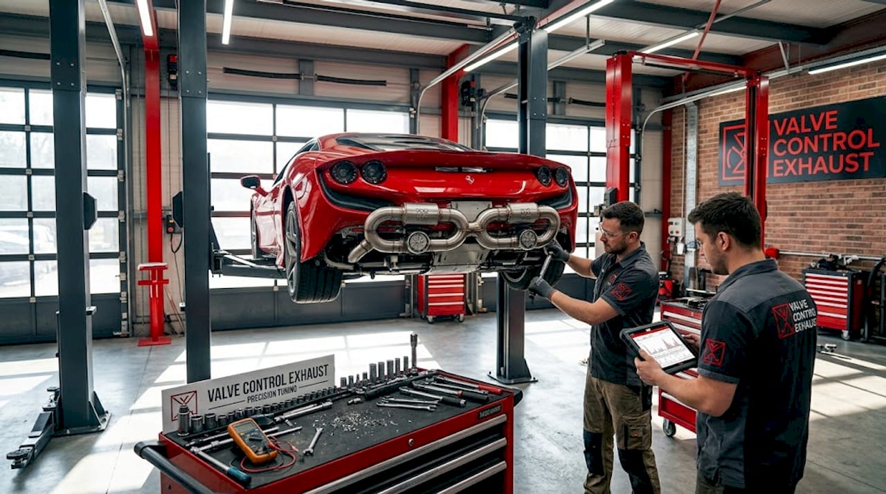 Engineers check X-Pipe exhaust on Ferrari F8