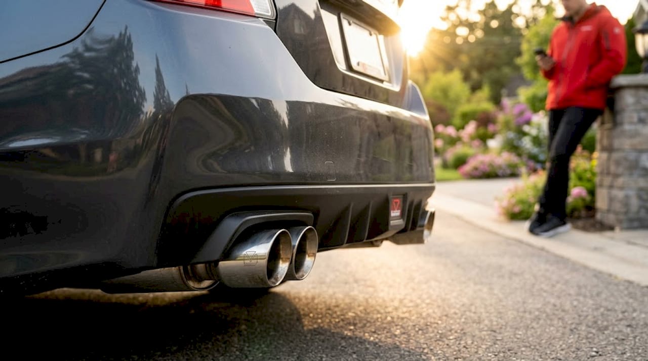 Dual stainless exhaust tips on car bumper