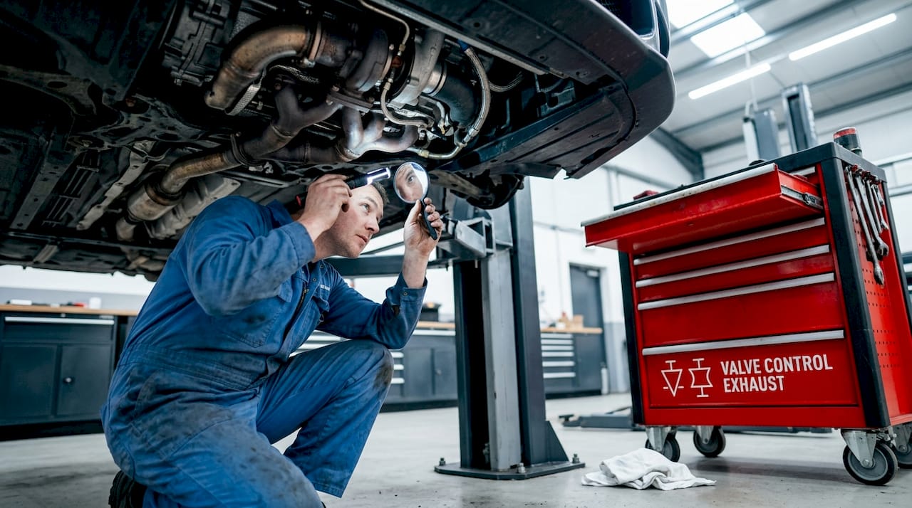 Technician checks manifold for exhaust leaks