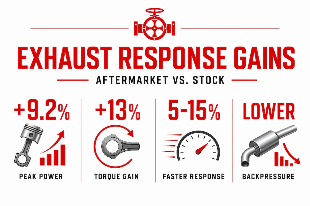Infographic showing aftermarket exhaust power and torque gains