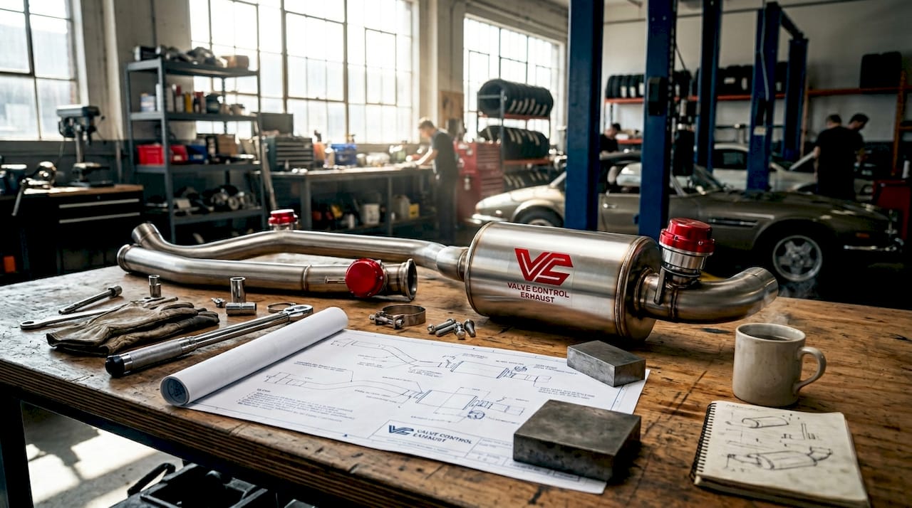 Aftermarket exhaust parts on workbench