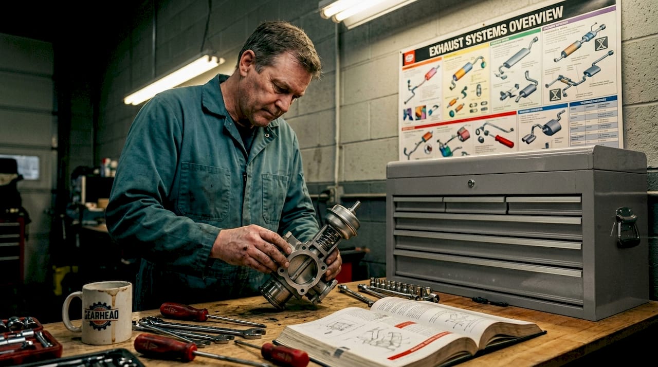 Technician examines active exhaust valve assembly