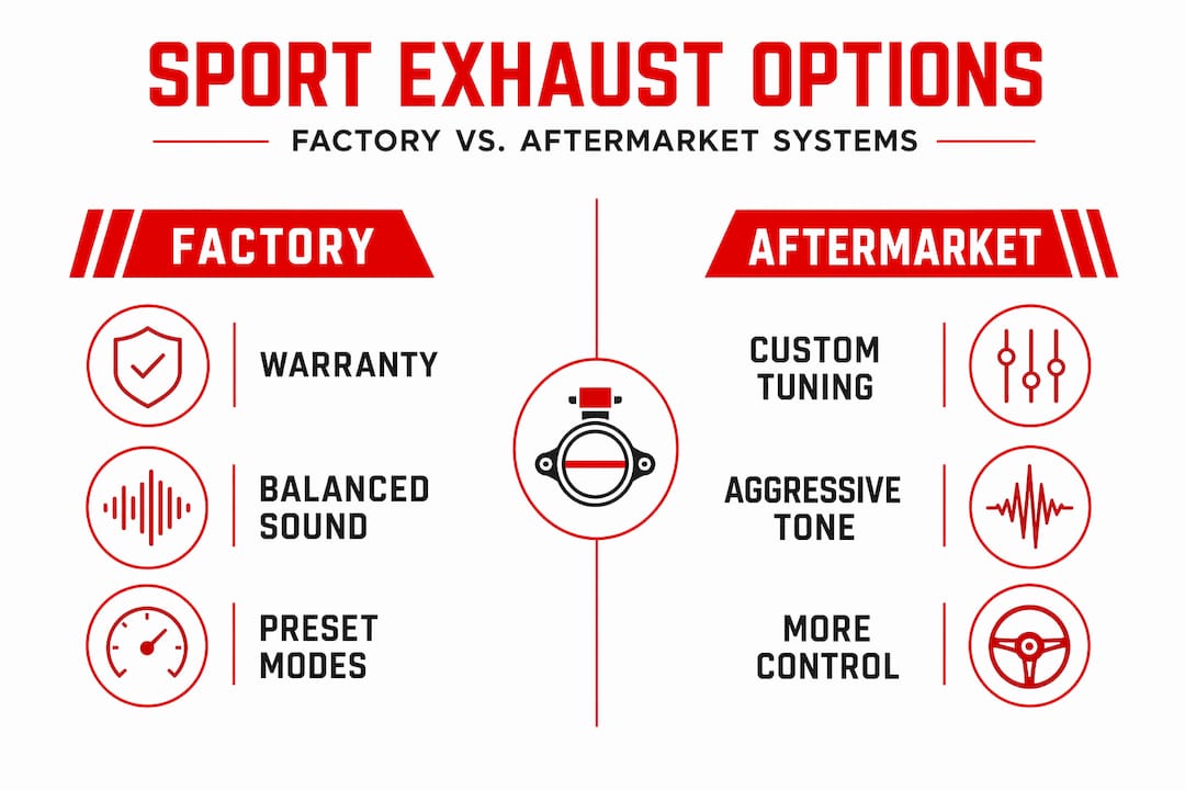 Infographic comparing factory vs aftermarket exhaust features
