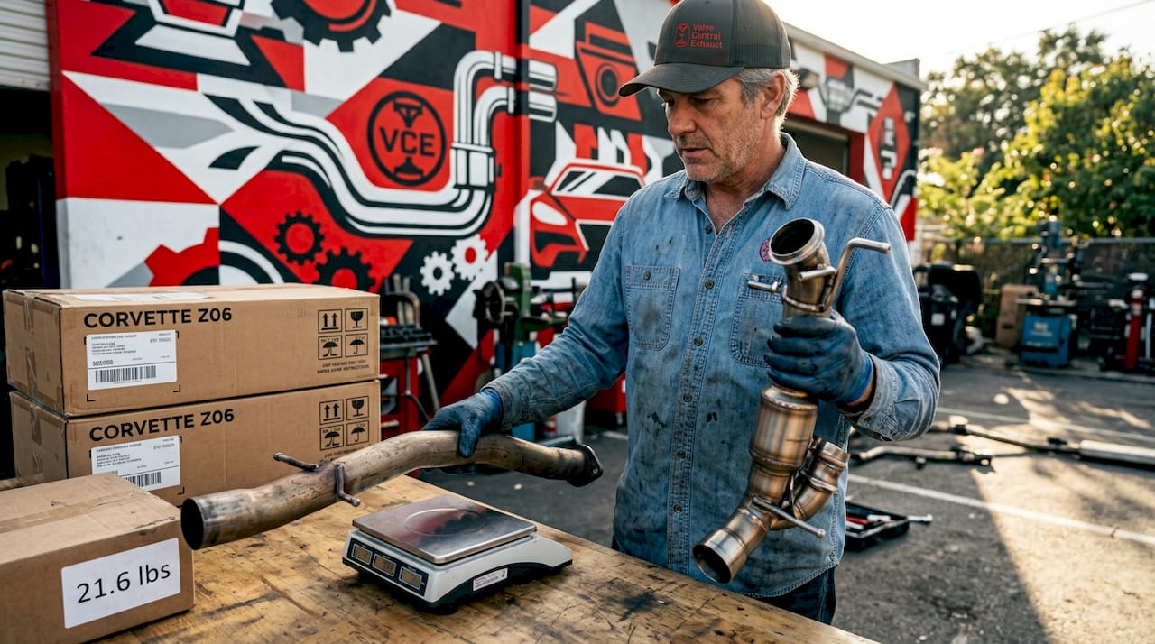 Technician compares titanium and stock exhaust