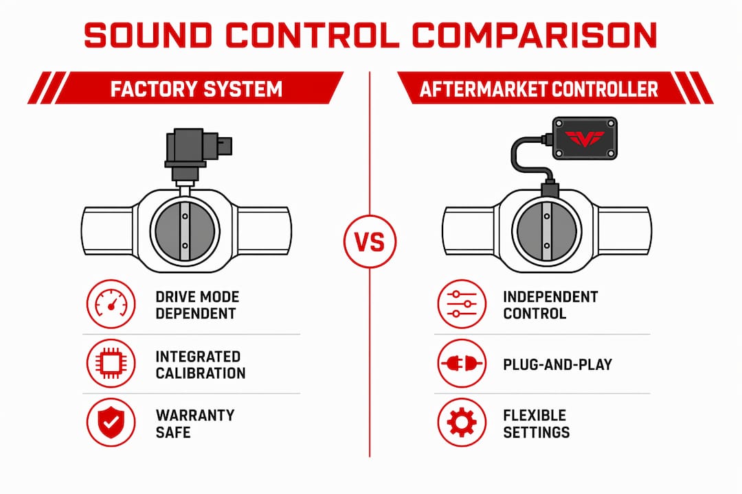 Infographic comparing factory and aftermarket exhaust valve controls