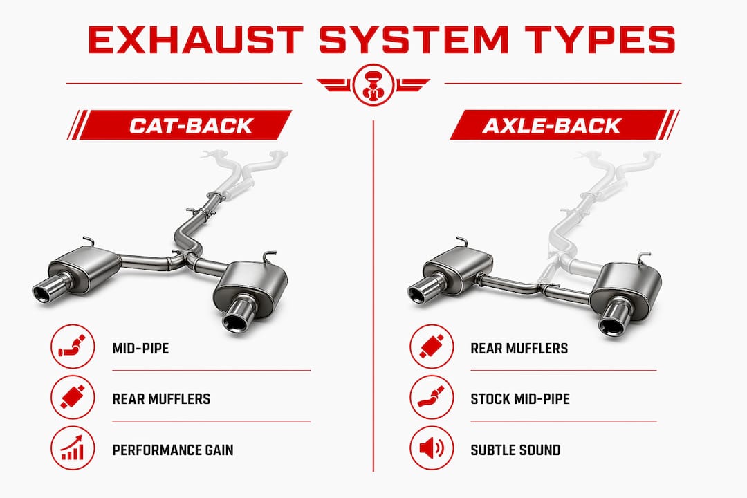 Comparison infographic of cat-back vs axle-back exhaust systems