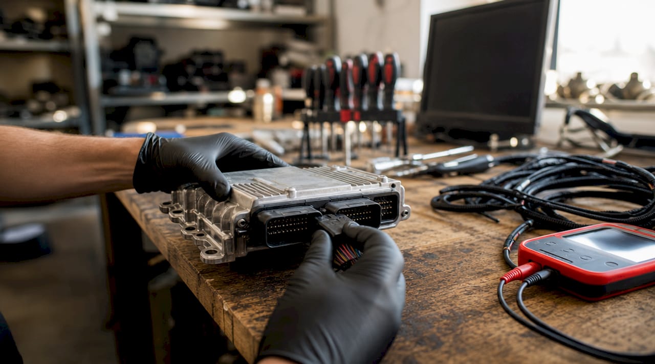 Technician handling Audi ECU for exhaust control