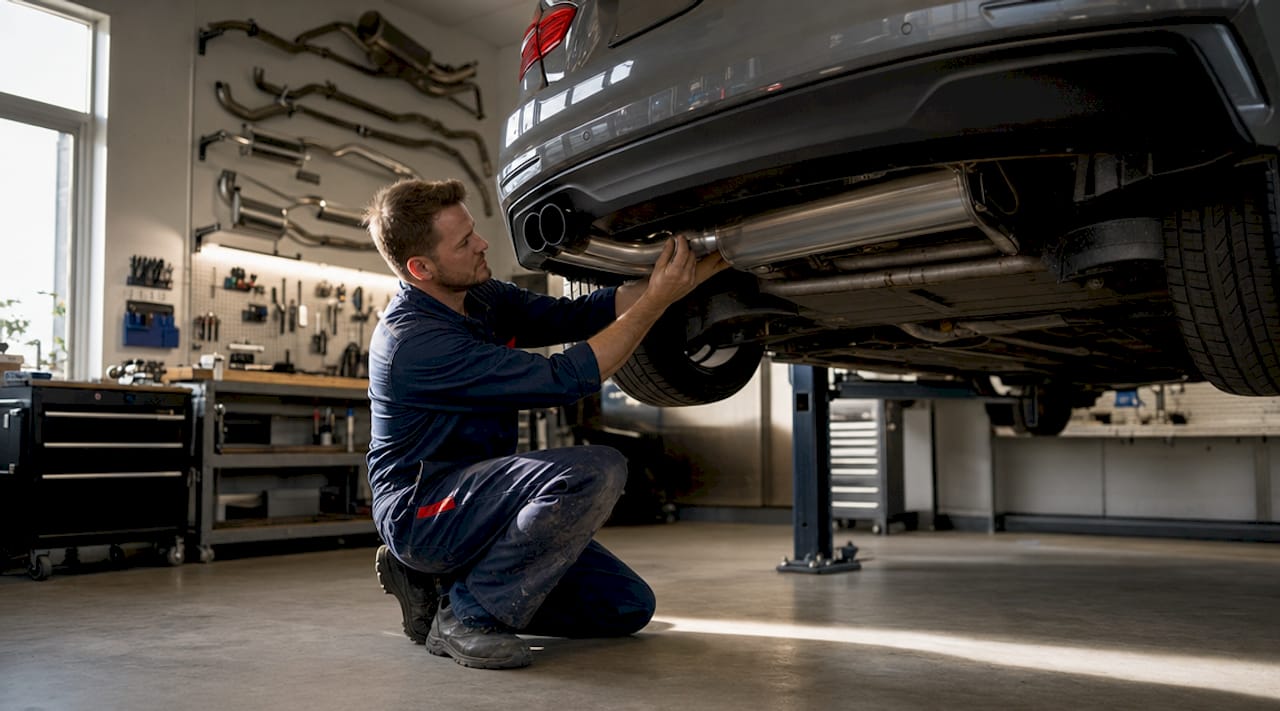 Close-up hands installing BMW axle-back exhaust