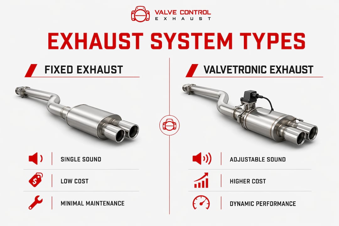 Comparison infographic of fixed and valvetronic exhaust systems