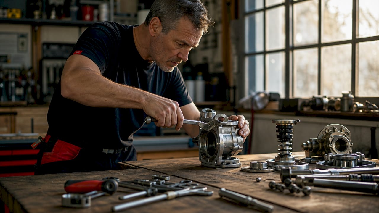 Technician adjusting exhaust valve parts on bench