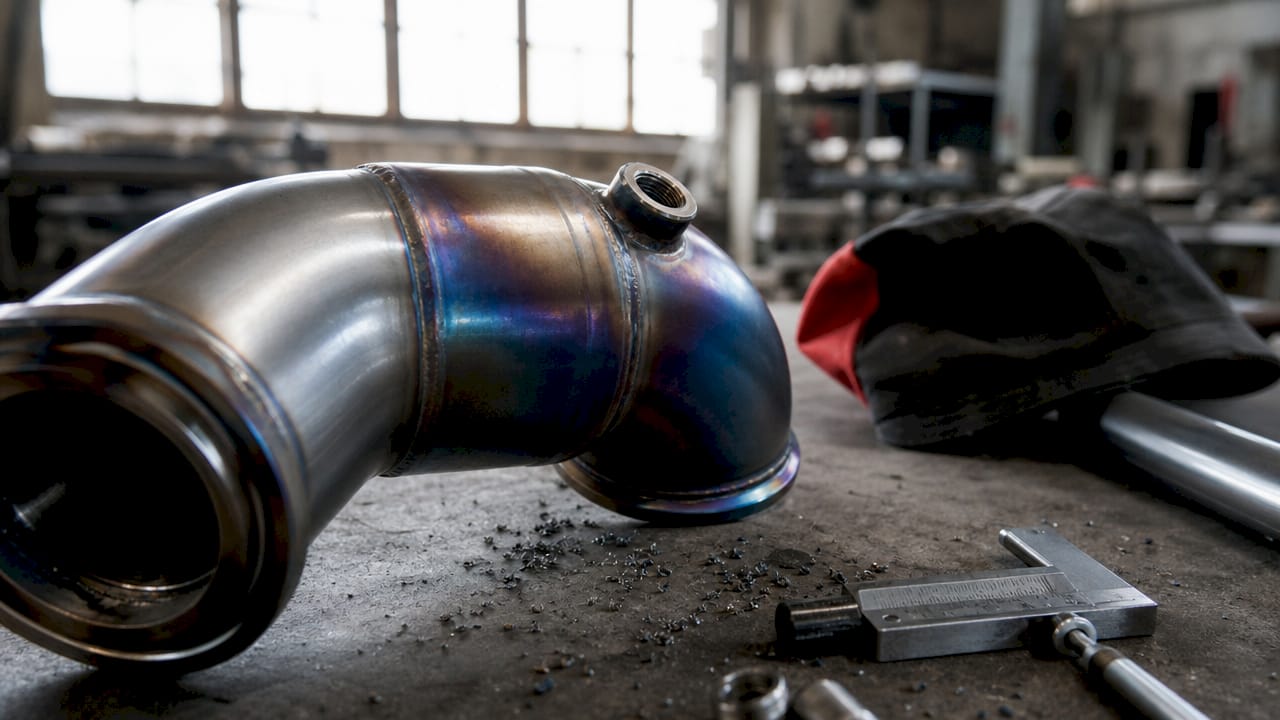 Close-up of titanium exhaust with heat discoloration