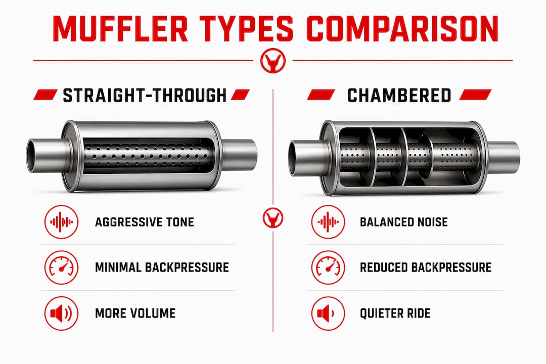 Infographic comparing straight-through and chambered mufflers