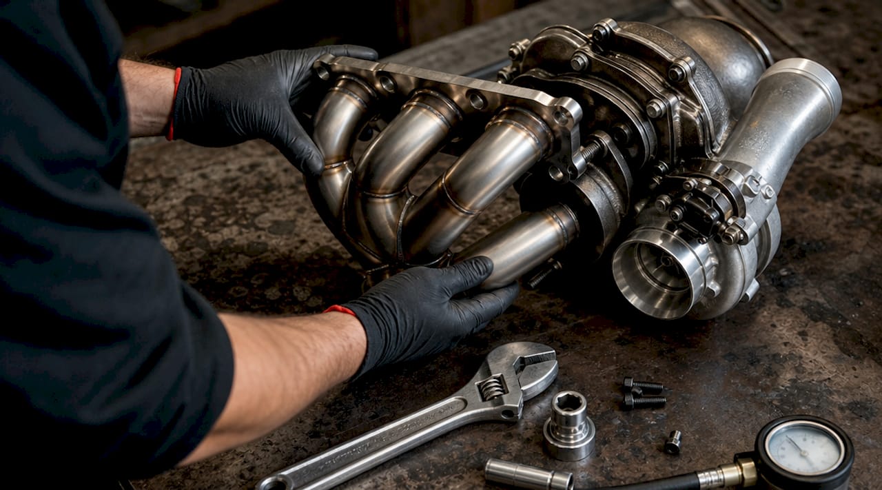 Technician installing equal-length manifold on turbo