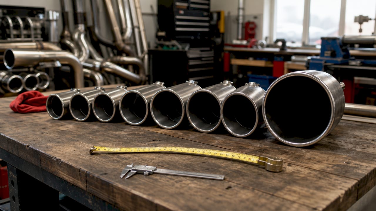 Various exhaust tip sizes on a workbench