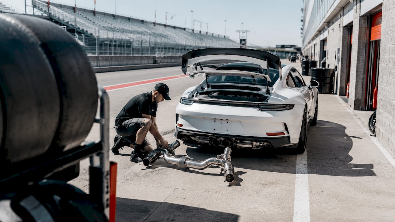 Close-up of Porsche 992 GT3 valved sport exhaust
