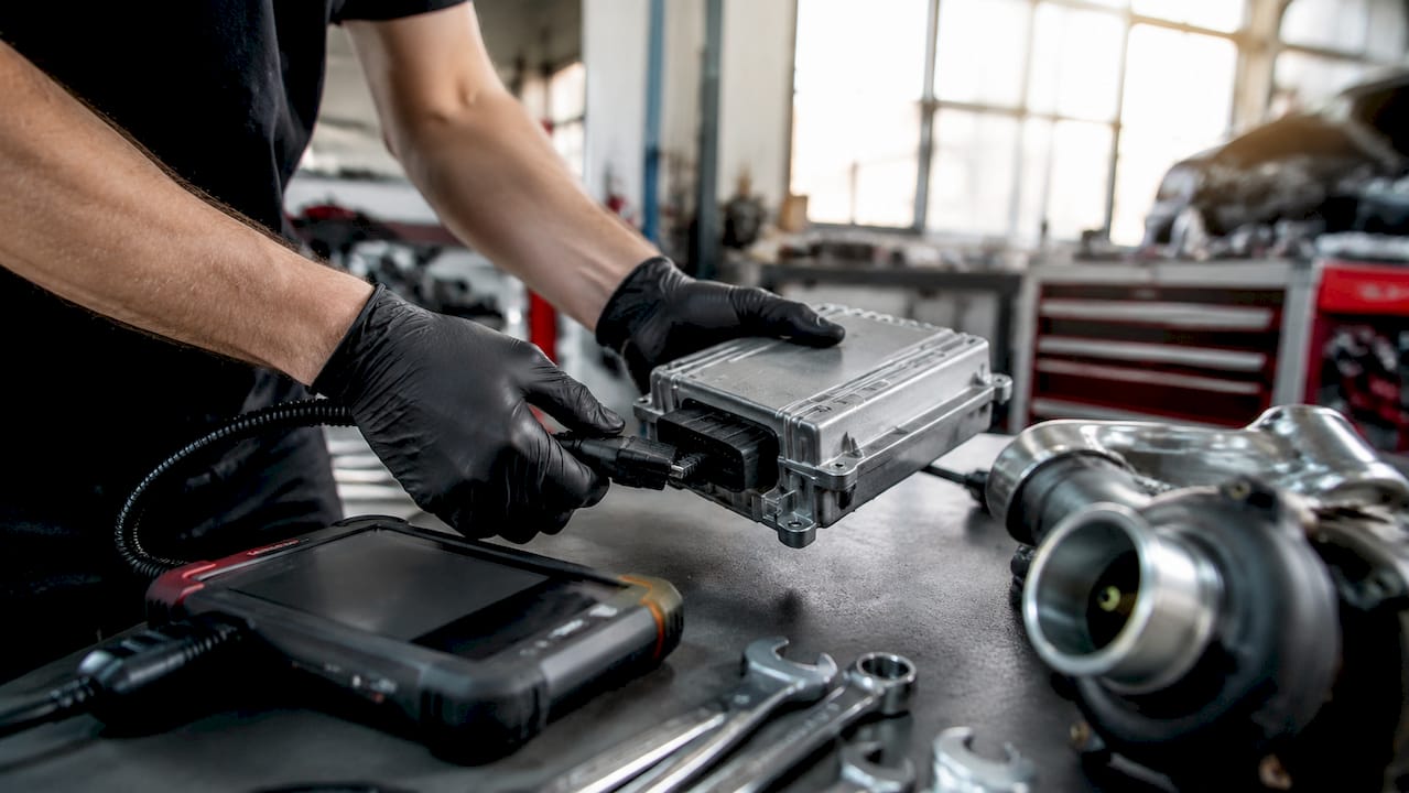Technician adjusting ECU with diagnostic tool
