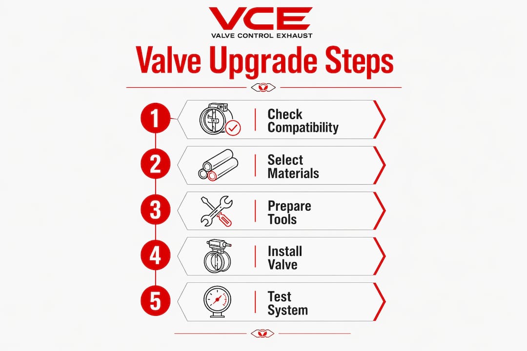 Infographic showing step-by-step Lamborghini exhaust valve upgrade process